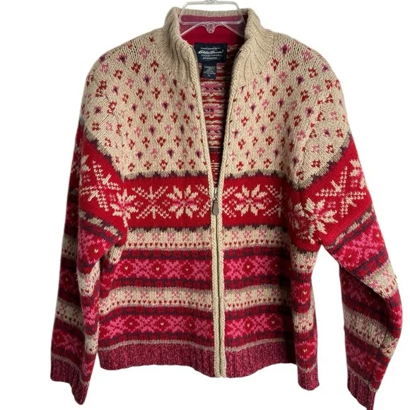 Eddie Bauer Red and Cream Patterned Cardigan - Picture 5 of 13